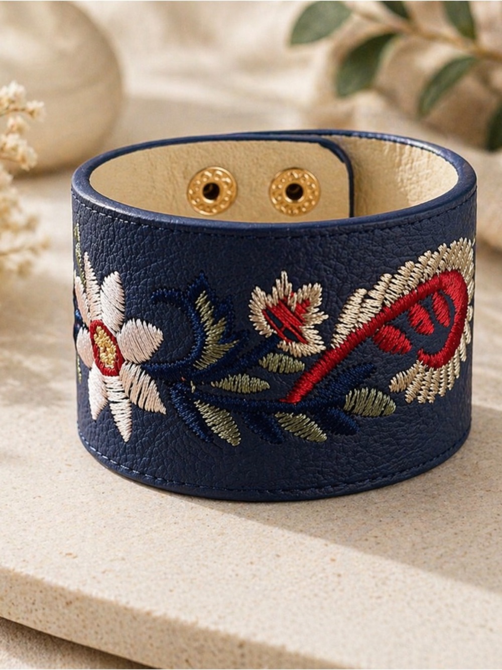 Modern Boho Navy Embroidered Cuff Braclet